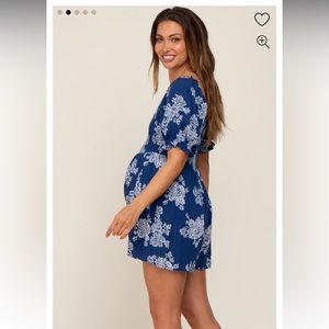 Pinkblush Navy Floral Smocked Puff Sleeve Maternity Romper